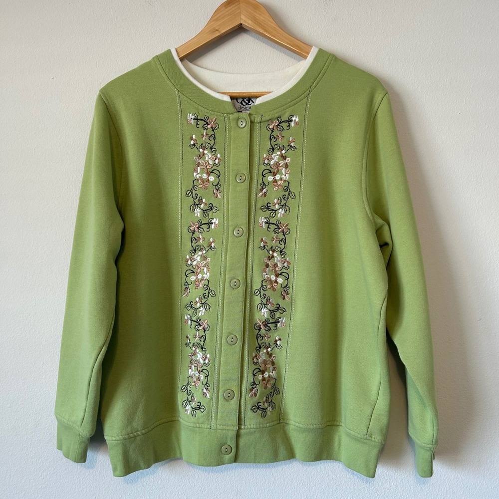 Vintage Cottagecore Size L Floral Embroidered Grandmacore Cardigan Green Fleece‎